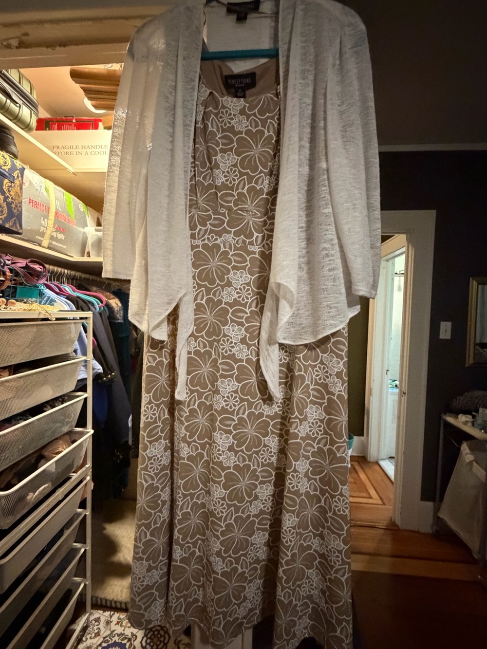 Perceptions Taupe Floral Maxi Dress with White Sheer Cardigan